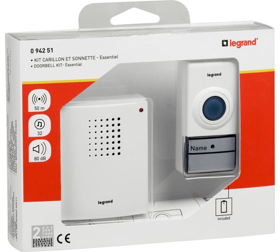 Комплект беспроводного звонка Legrand Стандарт 32 рингтона, дальность 50 м, цвет белый 094251