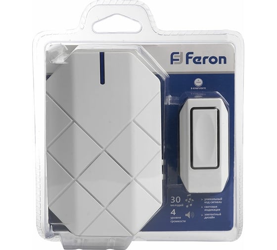 Дверной беспроводной звонок FERON E-377 звонок IP44 30 мелодий, 3х1,5V/АА, база, белый 41433