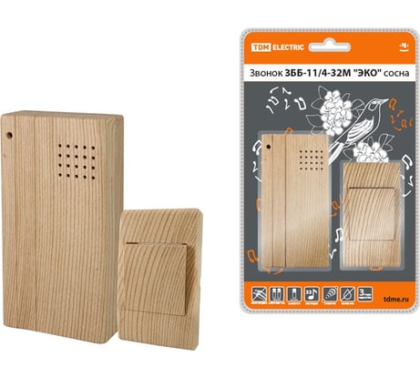 Звонок TDM ELECTRIC ЗББ-11/4-32М "ЭКО" сосна, беспроводной, на батарейках SQ1901-0022