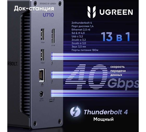 Адаптер UGREEN U710 Revodok Max 14-in-1 8K30Hz 2хThunderbolt 4 DP Dock Station. Цвет: серый 25054EU