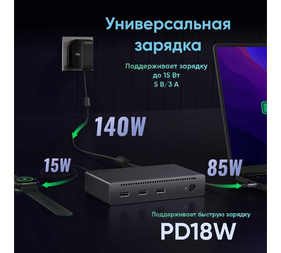 Адаптер UGREEN U708 Revodok Max 8-in-1 8K30Hz 3хThunderbolt 4 Dock Station. Цвет: серый 25053EU