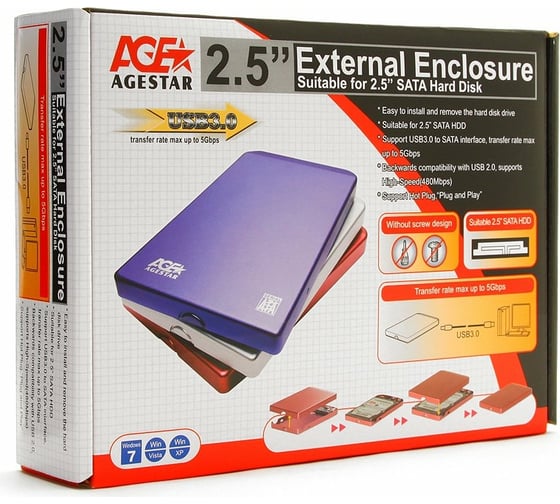 Внешний корпус AgeStar USB 3.0 2,5" SATA, алюминий, серебро 3UB2O1 (SILVER)