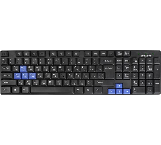 Клавиатура ExeGate Professional Standard LY-402N USB, полноразмерная, влагозащищенная, 102кл., Enter большой, 8 голубых клавиш, длина кабеля 1,35м, черная, Color 283618