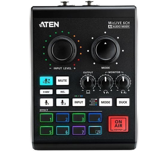 Коммутатор ATEN многоканальный AV-микшер, входы: 2xXLR-3-31/TRS; 1/8” TRRS; USB-C, выходы: 1/8” TRRS; 2x1/8” TRRS headphones; USB-C UC8000-AT