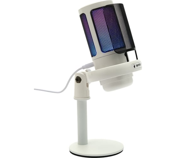 Микрофон конденсаторный Gembird подсветка RGB, шумоподавление, настольный держатель, белый M-01NW