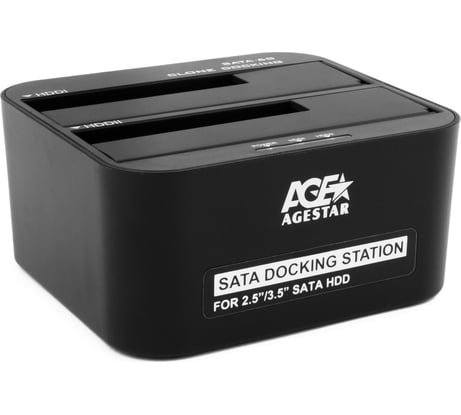 Докстанция AgeStar USB 3.0 2x2.5"/3.5" SATA HDD/SSD, пластик, черный, UASP, Clone, 3UBT6-6G (BLACK)