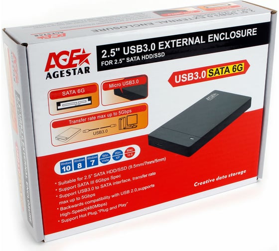 Внешний корпус AgeStar USB 3.0 2.5" SATAIII HDD/SSD, пластик, чёрный UASP, 3UB2P3 (BLACK)