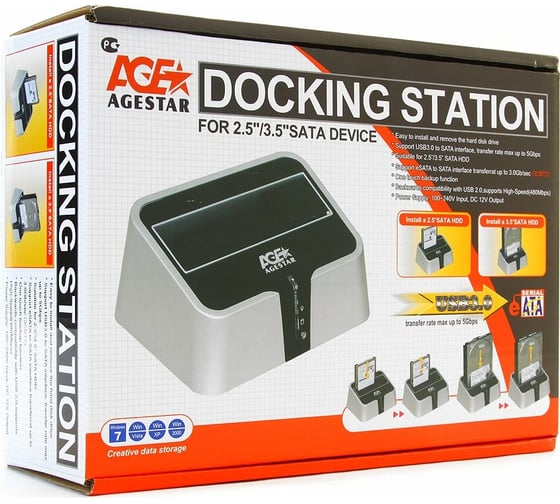 Докстанция AgeStar USB 3.0 2,5"/3,5" SATA HDD, пластик, BackUp, черный. 3UBT2 USB3.0 3UBT2-6G (BLACK)