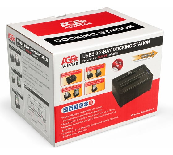 Докстанция AgeStar USB 3.0 2x2,5"/3,5" SATAIII, clone, пластик+алюминий, черная, 3UBT8 (BLACK)
