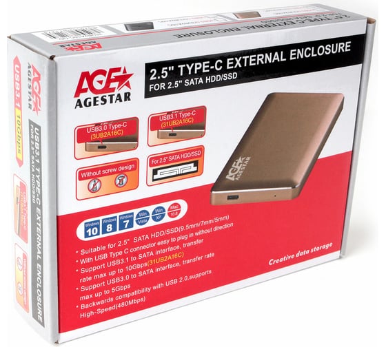 Внешний корпус AgeStar USB 3.1 2,5" SATA, Type-C, алюминий, золотой, 31UB2A16C (GOLD)