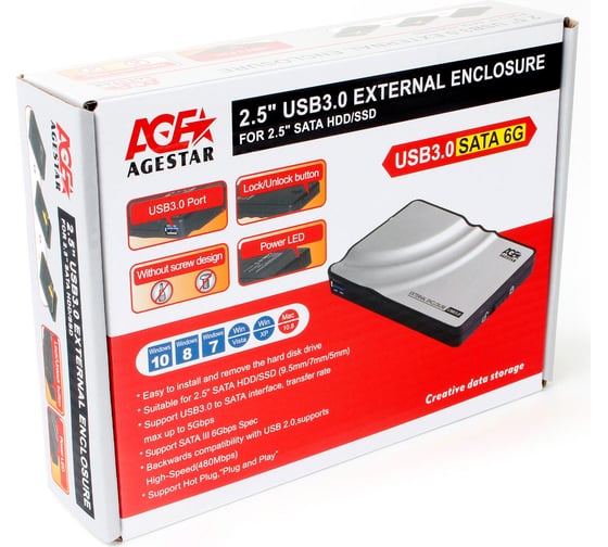 Внешний корпус AgeStar USB 3.0 2.5" SATA HDD/SSD, алюм, серебристый, безвинтовая констр, 3UB2P