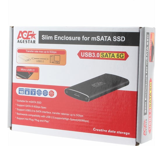 Внешний корпус AgeStar USB 3.0 mSATA, алюминий, черный, 3UBMS2 (BLACK)