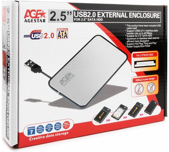 Внешний корпус AgeStar USB 2.0 2,5" SATA, сталь+пластик,черн,безвинт.констр, SUB2A8 (BLACK)
