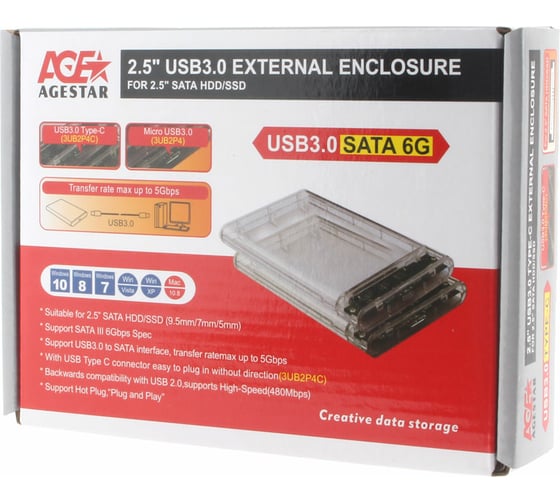 Внешний корпус AgeStar USB 3.0 2.5" SATAIII HDD/SSD, пластик, прозрачный, 3UB2P4 (TRANSPARENCY)