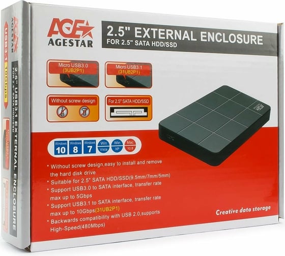 Внешний корпус AgeStar USB 3.0 2.5" SATAIII HDD/SSD, пластик, чёрный, 3UB2P1 (BLACK)