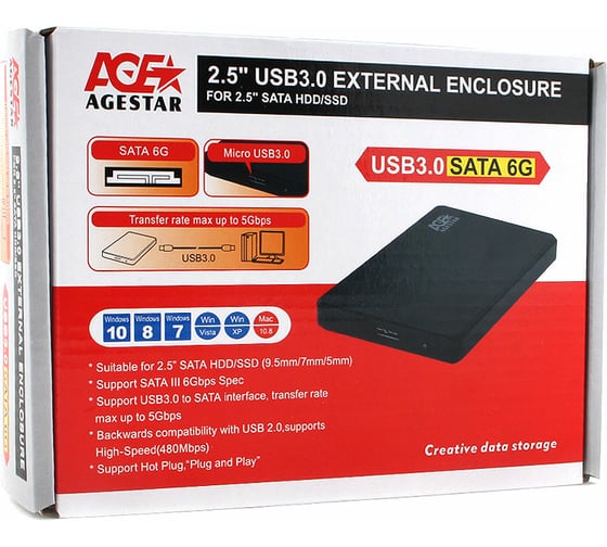 Внешний корпус AgeStar USB 3.0 2.5" SATAIII HDD/SSD, пластик, чёрный. UASP, 3UB2P2 (BLACK)