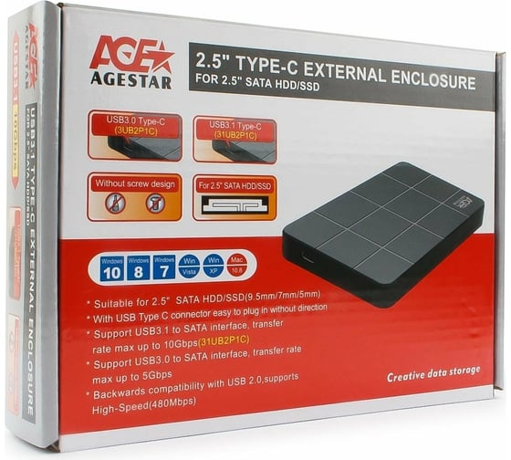 Внешний корпус AgeStar USB 3.0 2.5" SATAIII HDD/SSD, пластик, чёрный, каб USB3.0 A-type-С, 3UB2P1C (BLACK)