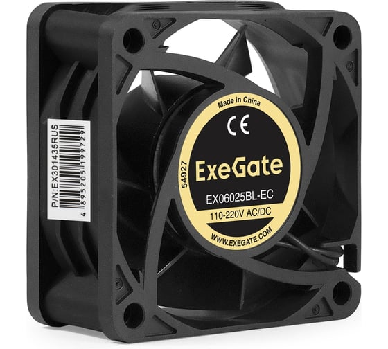Вентилятор ExeGate EC EX06025BL-EC Electronically Commutated, 110-220V AC/110-220V DC, 60x60x25, 2-Ball двойной шарикоподшипник , провод 30 см, 3700RPM, 26dB 301435
