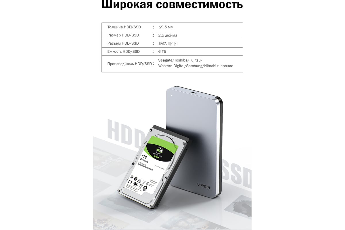 Внешний корпус для HDD/SSD 2,5, Ugreen USB-C 3.1 GEN2 70498 - выгодная  цена, отзывы, характеристики, фото - купить в Москве и РФ