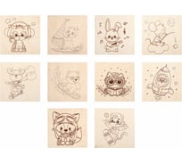 Заготовки деревянные для выжигания BRAUBERG Зверушки, 5 шт., 10 рисунков, 15x15см, HOBBY, 665304