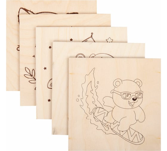 Заготовки деревянные для выжигания BRAUBERG Зверушки, 5 шт., 10 рисунков, 15x15см, HOBBY, 665304