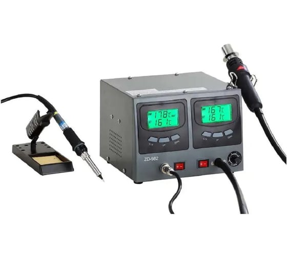 Паяльная станция цифровая двухканальная термовоздушная Zhongdi ZD-982 паяльник 60Вт, фен 24л/мин, 4 насадки, LED-индикация, антистатическая защита 89-8212 00-00017242