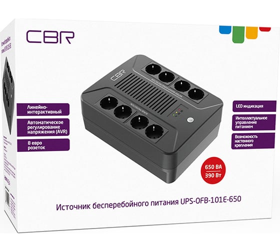 Источник бесперебойного питания CBR 650va/390w, schuko cee 7 outlets: x4 battery surge protected; x4 surge protected , led, avr, sec, 12v/7ah UPS-OFB-101E-650
