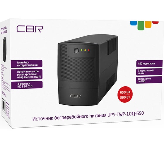 Источник бесперебойного питания CBR 650va/390w, iec 320 c13x3 outlets, led, usb type-b, rj11/45 avr, sec, 12v/7ah UPS-TWP-101J-650