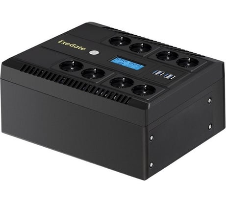 ИБП ExeGate NEO Smart LHB-1000.LCD.AVR.8SH.CH.RJ.USB 1000VA 650W, LCD, AVR, 8*Schuko, RJ45 11, USB, 4*USB-порта для зарядки, Black 293858