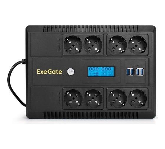 ИБП ExeGate NEO Smart LHB-650.LCD.AVR.8SH.CH.RJ.USB 650VA 390W, LCD, AVR, 8*Schuko, RJ45 11, USB, 4*USB-порта для зарядки, Black 295013