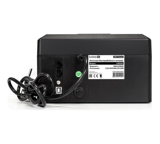 ИБП ExeGate NEO Smart LHB-650.LCD.AVR.8SH.CH.RJ.USB 650VA 390W, LCD, AVR, 8*Schuko, RJ45 11, USB, 4*USB-порта для зарядки, Black 295013