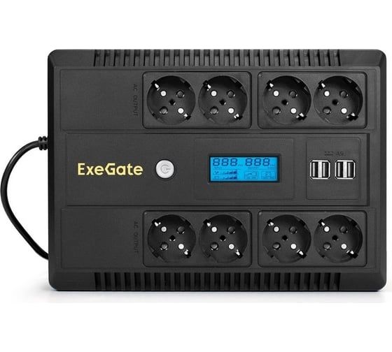 ИБП ExeGate NEO Smart LHB-850.LCD.AVR.8SH.CH.RJ.USB 850VA 510W, LCD, AVR, 8*Schuko, RJ45 11, USB, 4*USB-порта для зарядки, Black 295014