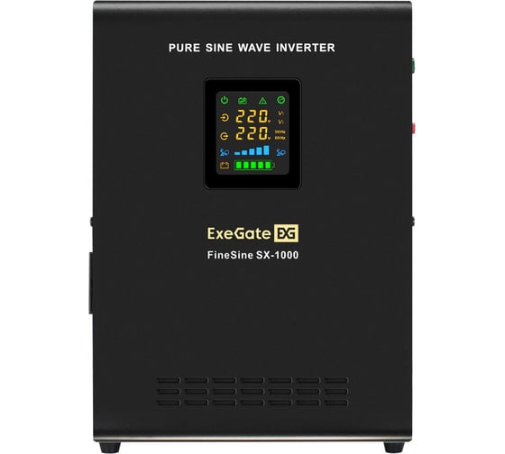 Настенный ИБП ExeGate инвертор синус для котла FineSine SX-1000 LCD AVR 2SH 1000VA/600W чистая синусоида цветной LCD-дисплей AVR 2 Schuko линейно-интерактивный внешняя батарея 12В до 200Ач Black 295997