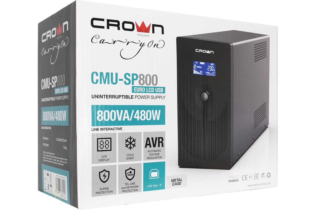 Источник бесперебойного питания CROWN CMU-SP800EURO LCD USB CM000001871