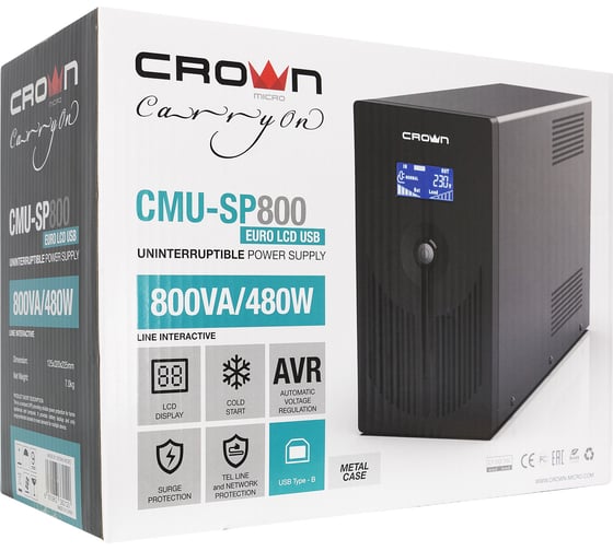 Источник бесперебойного питания CROWN CMU-SP800EURO LCD USB CM000001871