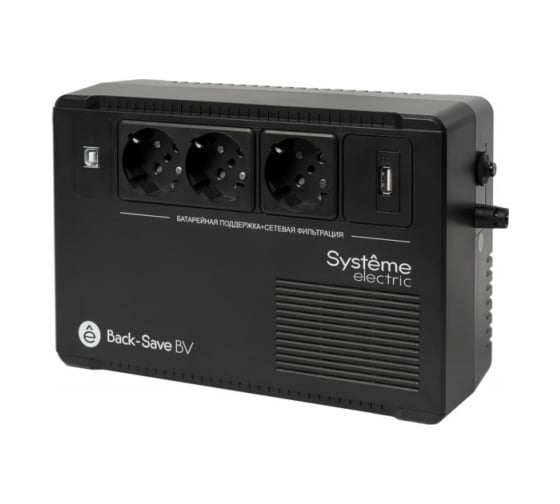 ИБП Systeme Electric Back-Save BV 800 ВА, автоматическая регулировка напряжения, 3 розетки Schuko, 230 В, 1 USB Type-A BVSE800RS