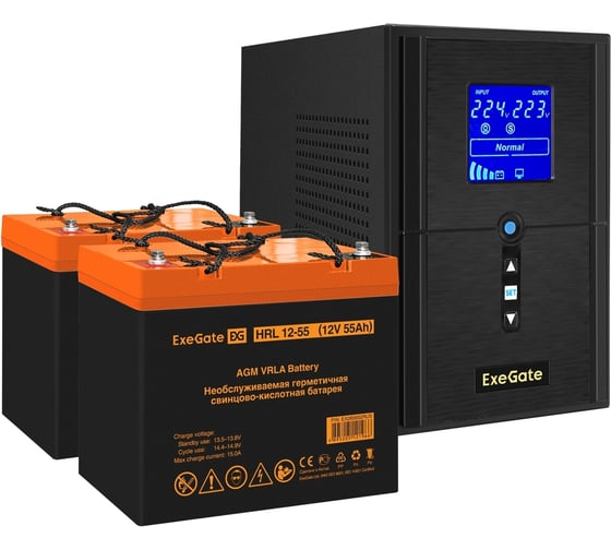 Комплект ИБП ExeGate EX295987RUS+батарея55Aч EX285652RUS 2 шт., инвертор, синус, для котла SineTowerSZ-1000.LCD.AVR.2SH.1C13.USB1000VA800W, чистая синусоида, LCD дисплей, AVR 296797