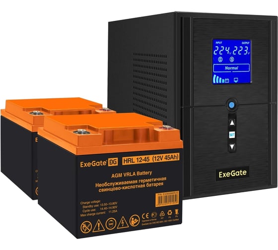 Комплект ИБП ExeGate EX295987RUS+батарея45Aч EX285666RUS 2 шт., инвертор, синус, для котла SineTowerSZ-1000.LCD.AVR.2SH.1C13.USB1000VA800W, чистая синусоида, LCD дисплей, AVR 296795