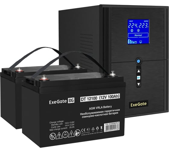 Комплект ИБП ExeGate EX295989RUS+батарея100Aч EX282985RUS 2 шт., инвертор, синус, для котла SineTowerSZ-2000.LCD.AVR.3SH.1C13.USB2000VA1600W, чистая синусоида, LCD дисплей, AVR 296850