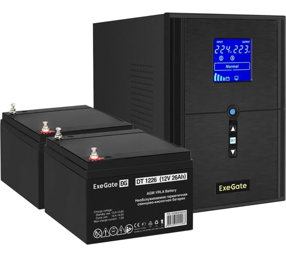 Комплект ИБП ExeGate EX295989RUS+батарея26Aч EX282970RUS 2 шт., инвертор, синус, для котла SineTowerSZ-2000.LCD.AVR.3SH.1C13.USB2000VA1600W, чистая синусоида, LCD дисплей, AVR 296835 1