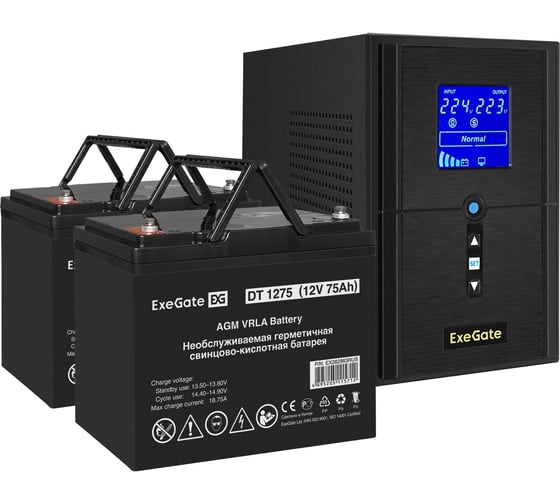 Комплект ИБП ExeGate EX295987RUS+батарея75Aч EX282983RUS 2 шт., инвертор, синус, для котла SineTowerSZ-1000.LCD.AVR.2SH.1C13.USB1000VA800W, чистая синусоида, LCD дисплей, AVR 296800 1