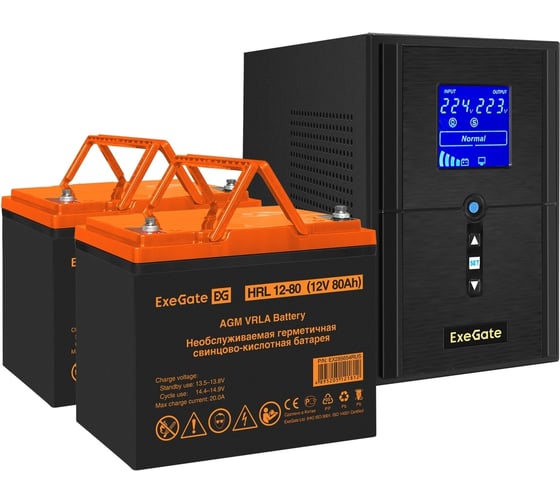Комплект ИБП ExeGate EX295987RUS+батарея80Aч EX285654RUS 2 шт., инвертор, синус, для котла SineTowerSZ-1000.LCD.AVR.2SH.1C13.USB1000VA800W, чистая синусоида, LCD дисплей, AVR 296802 1