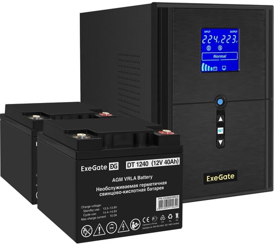 Комплект ИБП ExeGate EX295989RUS+батарея40Aч EX282976RUS 2 шт., инвертор, синус, для котла SineTowerSZ-2000.LCD.AVR.3SH.1C13.USB2000VA1600W, чистая синусоида, LCD дисплей, AVR 296839 1