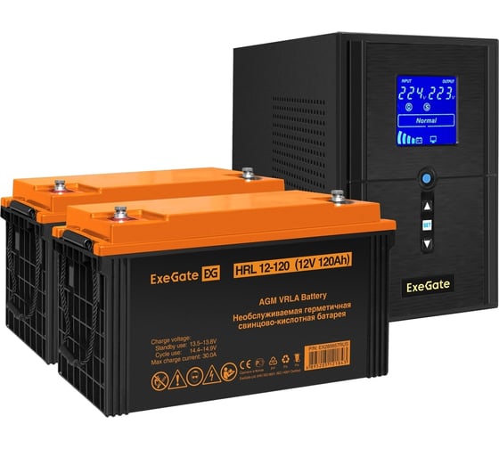 Комплект ИБП ExeGate EX295988RUS+батарея120Aч EX285657RUS 2 шт., инвертор, синус, для котла SineTowerSZ-1500.LCD.AVR.2SH.1C13.USB1500VA1200W, чистая синусоида, LCD дисплей, AVR 296830