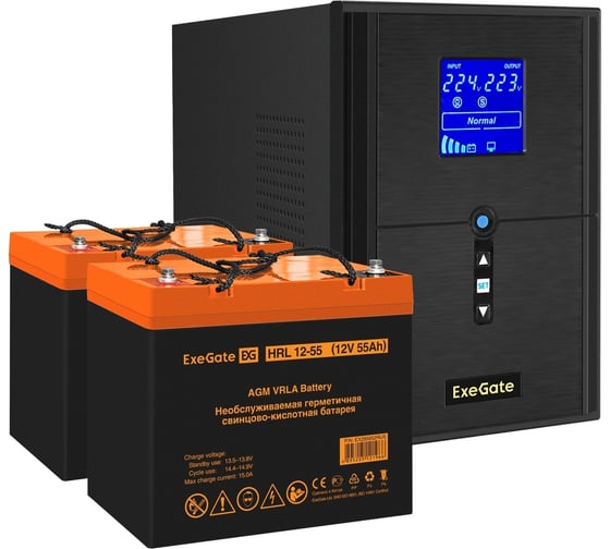 Комплект ИБП ExeGate EX295989RUS+батарея55Aч EX285652RUS 2 шт., инвертор, синус, для котла SineTowerSZ-2000.LCD.AVR.3SH.1C13.USB2000VA1600W, чистая синусоида, LCD дисплей, AVR 296843 1