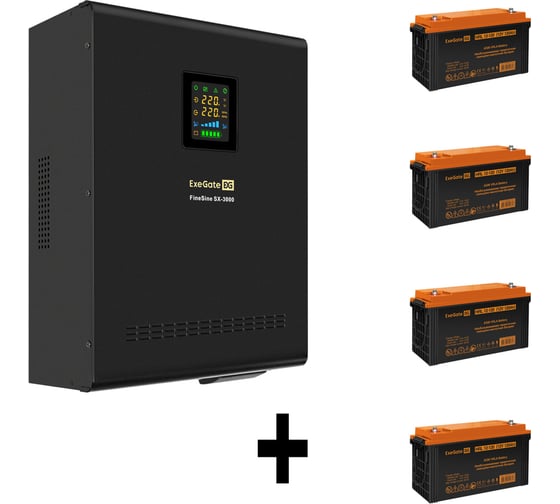 Комплект ИБП ExeGate EX296003RUS+батарея 120Aч EX285657RUS4 штинвертор, синус, для котла, настенный FineSineSX-3000.LCD.AVR.2SH.T3000VA2100W, чистая синусоида, цветной LCD-диспл 296649