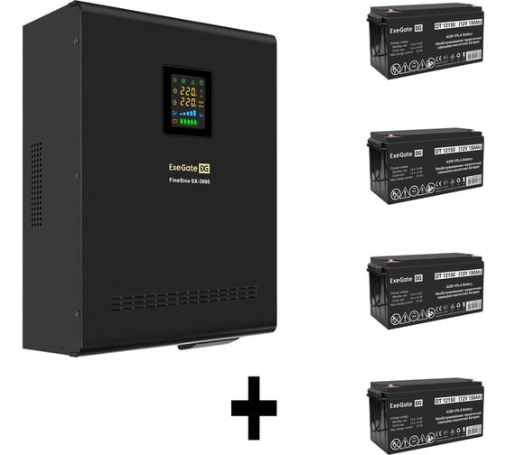 Комплект ИБП ExeGate EX296003RUS+батарея 150Aч EX282990RUS4 штинвертор, синус, для котла, настенный FineSineSX-3000.LCD.AVR.2SH.T3000VA2100W, чистая синусоида, цветной LCD-диспл 296651 1
