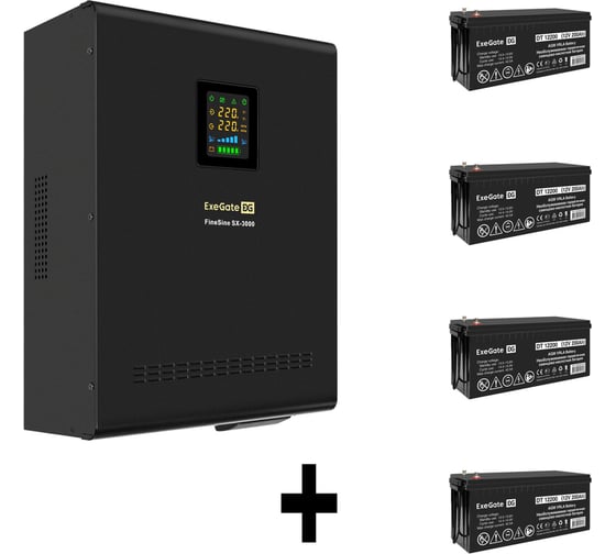 Комплект ИБП ExeGate EX296003RUS+батарея 200Aч EX282991RUS4 штинвертор, синус, для котла, настенный FineSineSX-3000.LCD.AVR.2SH.T3000VA2100W, чистая синусоида, цветной LCD-диспл 296653 1
