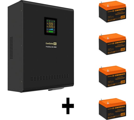 Комплект ИБП ExeGate EX296003RUS+батарея 26Aч EX285663RUS4 штинвертор, синус, для котла, настенный FineSineSX-3000.LCD.AVR.2SH.T3000VA2100W, чистая синусоида, цветной LCD-диспле 296632