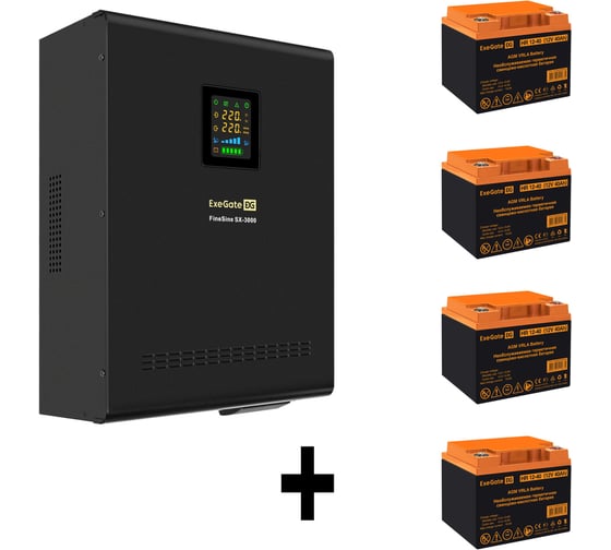 Комплект ИБП ExeGate EX296003RUS+батарея 40Aч EX282979RUS4 штинвертор, синус, для котла, настенный FineSineSX-3000.LCD.AVR.2SH.T3000VA2100W, чистая синусоида, цветной LCD-диспле 296636